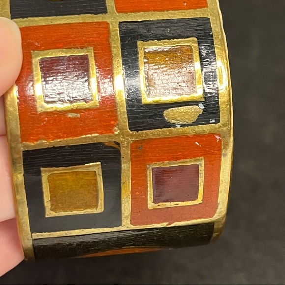 vintage brass cuff bracelet eameled 60s 70 pop design 1.5 inch thick orange red - Picture 2 of 12